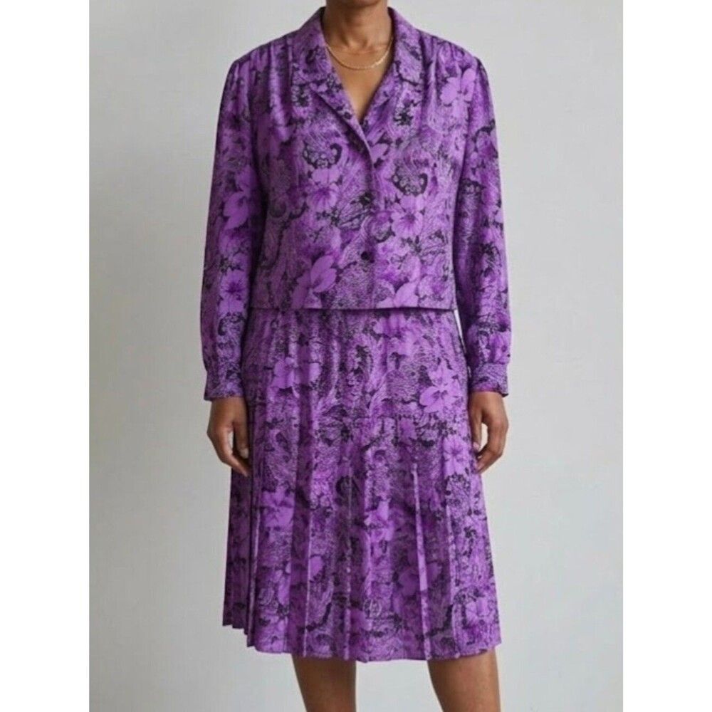 Vintage CB Purple Floral Paisley 2 Piece Skirt Coord Set Womens 20 Long Sleeve